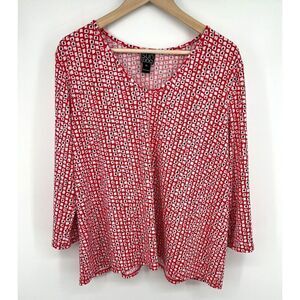 Clara Sun Woo All Over Print V-Neck Shirt Blouse Top XL Loose Flowy Stretch Red